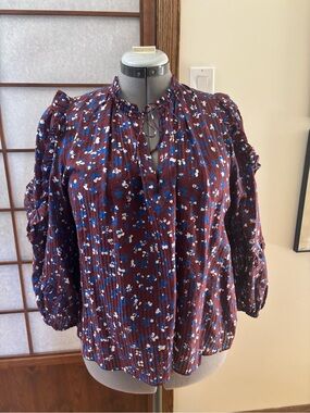 VGUC Ulla Johnson Silk and Cotton Burgundy and Blue Floral Lillian Blouse US 8